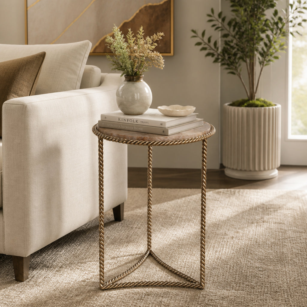 Declez Brown Onyx Quartz Twisted Leg Side Table