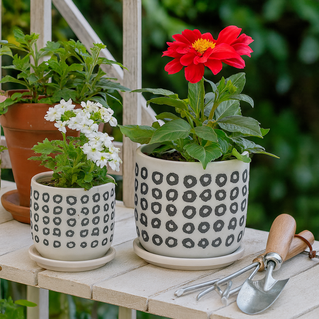 Hickman Black Aztec Planters with Saucer (Set of 2)