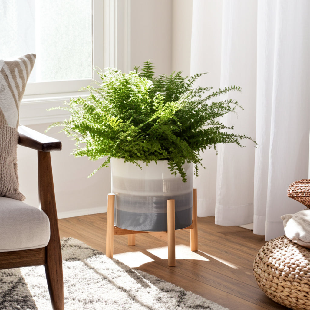 Rose Park Beige Mix Ceramic Planter with Wood Stand