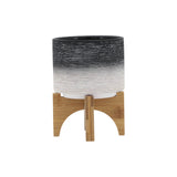 Erickson Gray Ceramic Planter on Wooden Stand
