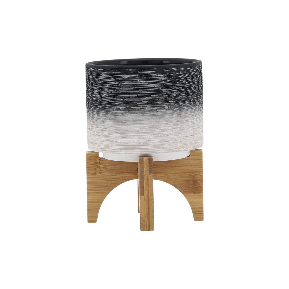 Erickson Gray Ceramic Planter on Wooden Stand