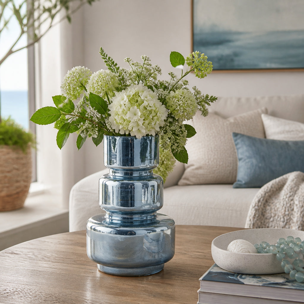 Piru Blue/Silver Large Stacked Cylinder Glass Vase
