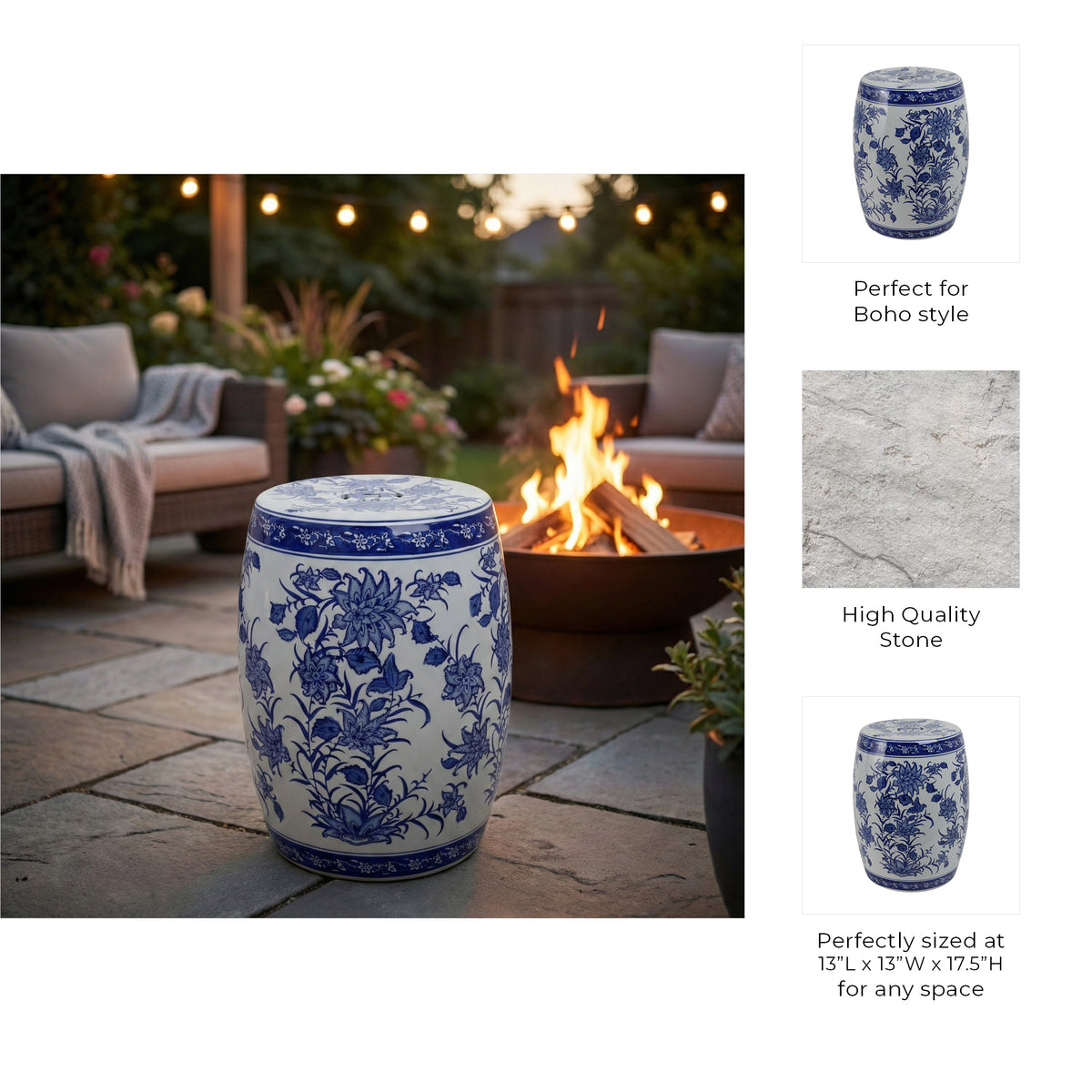 Hunterdale Blue/White Ceramic Pinwheel Flower Chinoiserie Stool