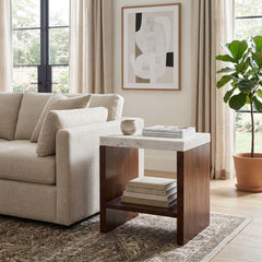 Rampart White/Brown Side Table with Marble Top and Shelf