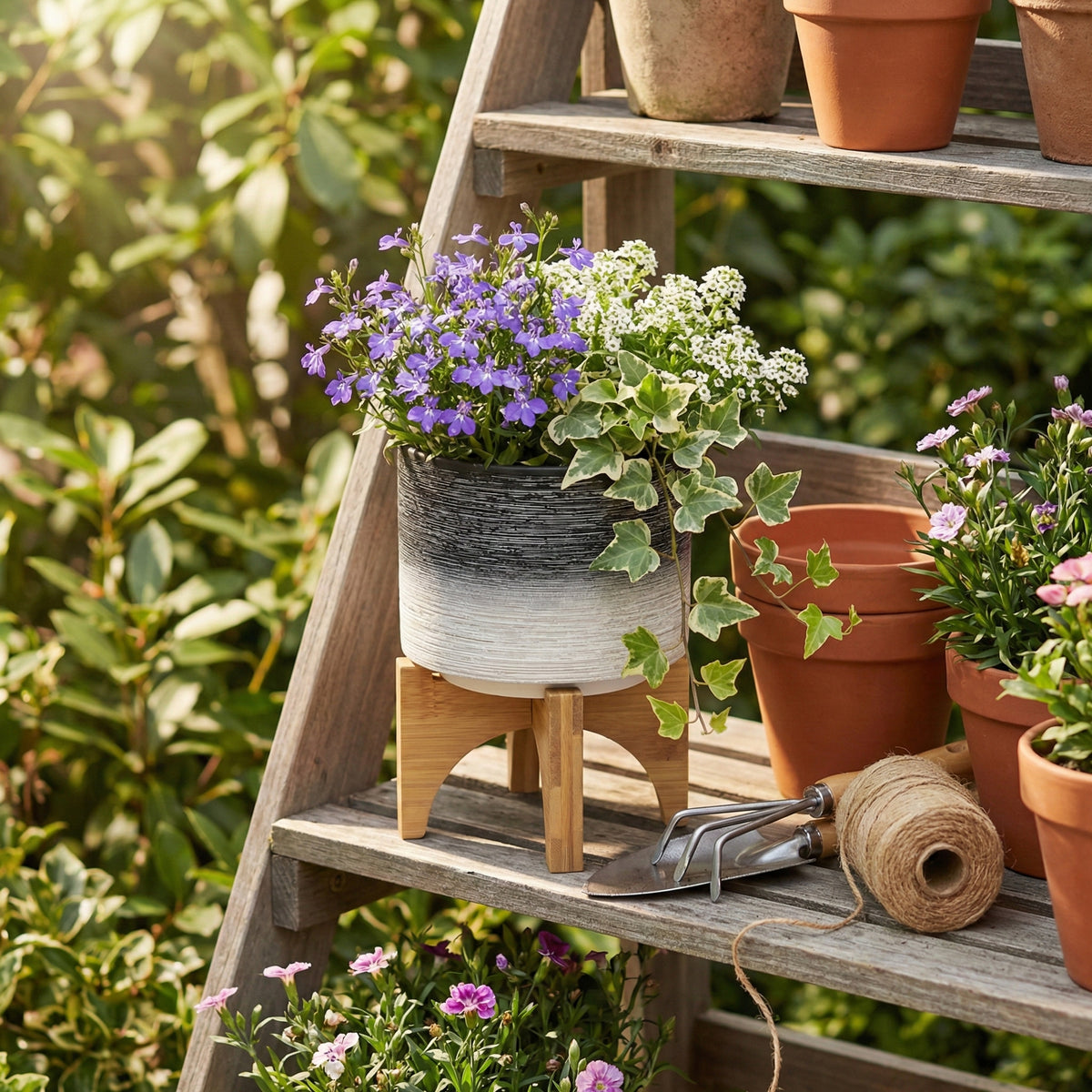 Erickson Gray Ceramic Planter on Wooden Stand