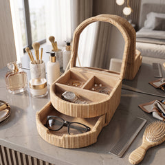 Altacanyada Tan Raffia Jewelry Box with Mirror