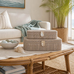 Mono Vista Brown Raffia Boxes with Round Edge Capiz Hardware (Set of 2)