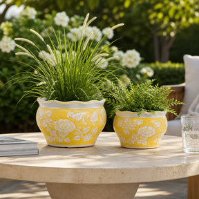 Henleydale Yellow/White Ceramic Round Chinoiserie Planters (Set of 2)