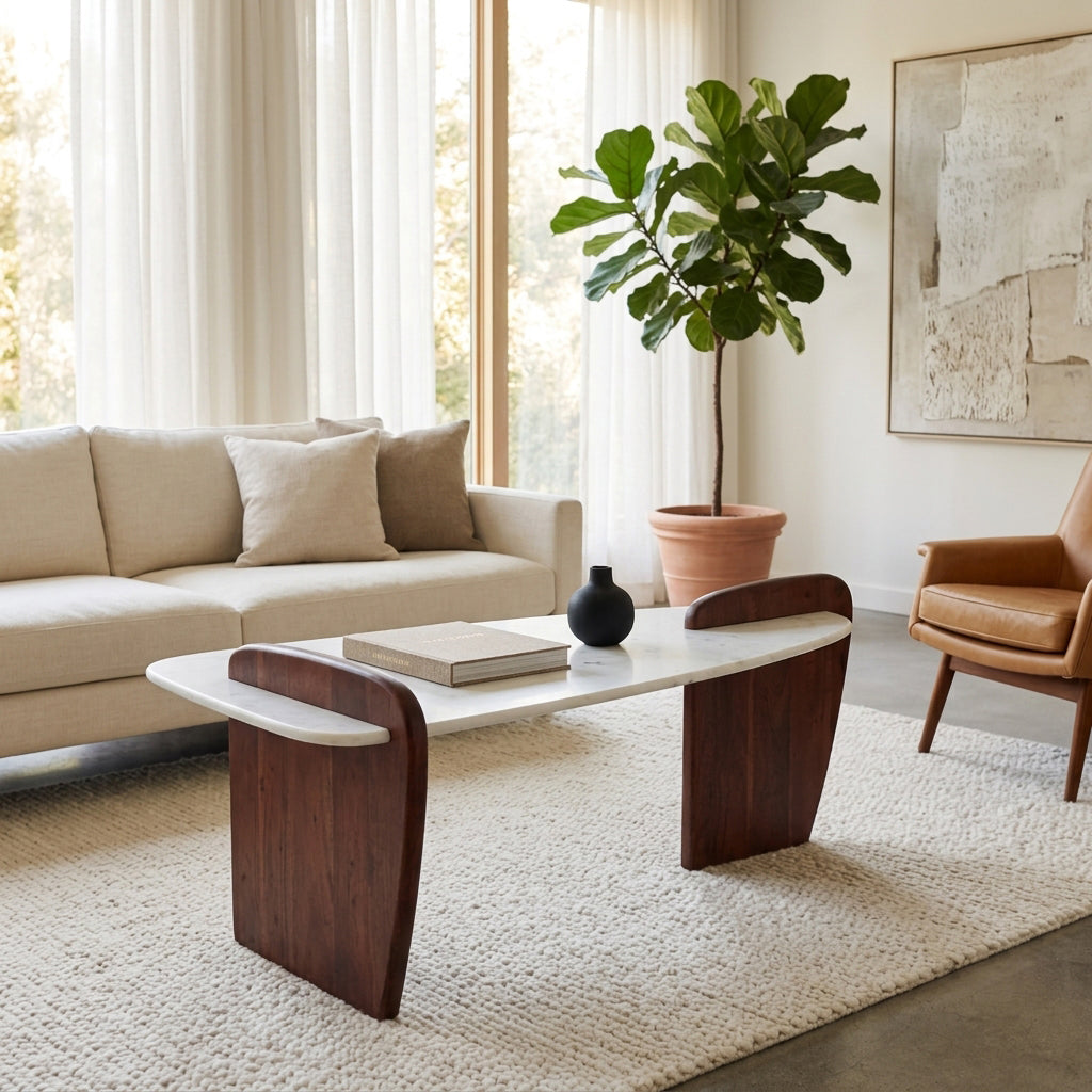 Crestmore White Marble and Wood Modern Coffee Table