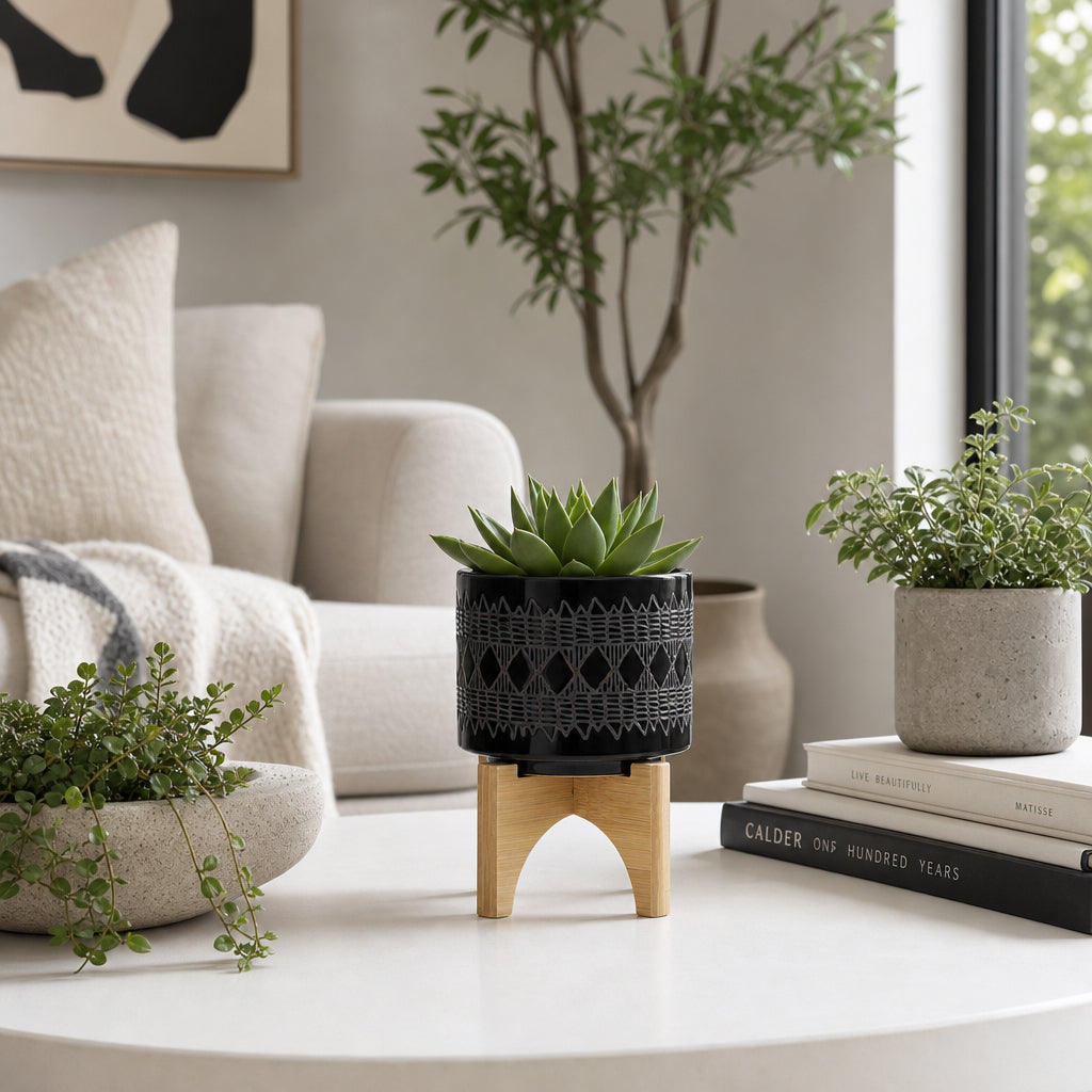 Electra Black Ceramic Aztec Planter on Wooden Stand