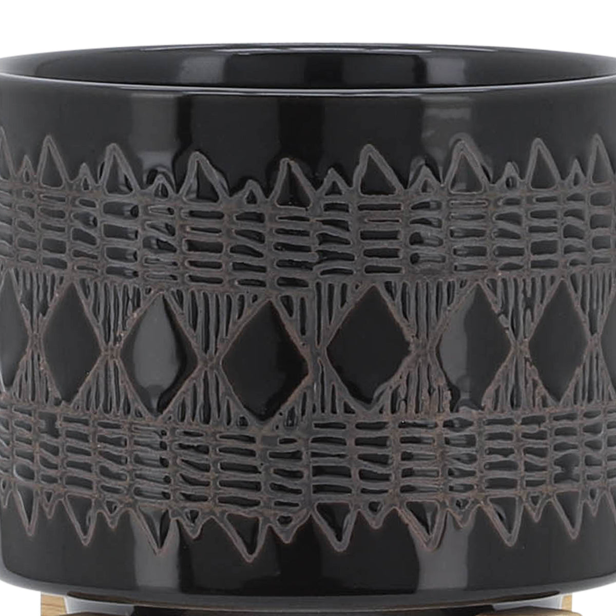 Electra Black Ceramic Aztec Planter on Wooden Stand