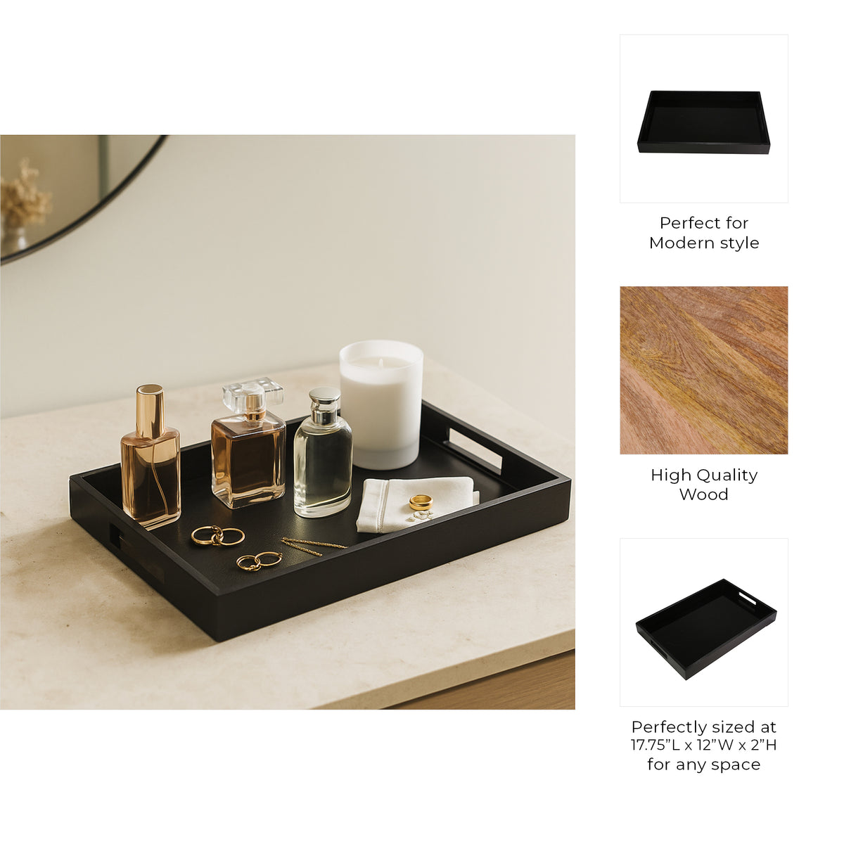 Vollmers Black Wood and Glass Tray