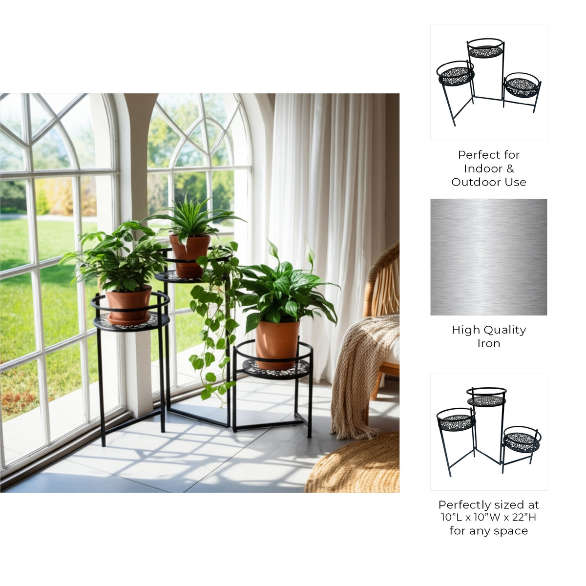 West Park Black Folding 3-Tier Mandala Plant Stand
