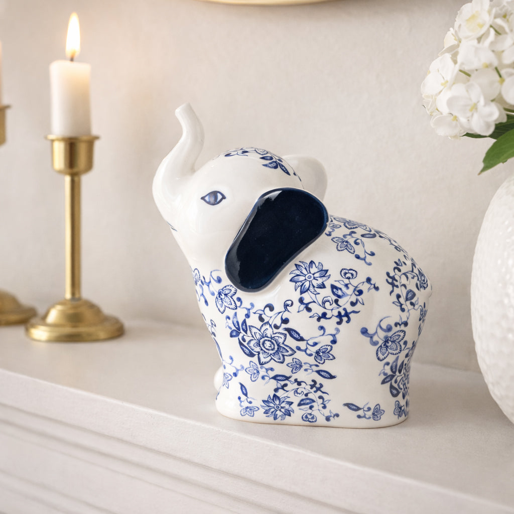 Edgarwell Blue/White Trunk Up Chinoiserie Elephant
