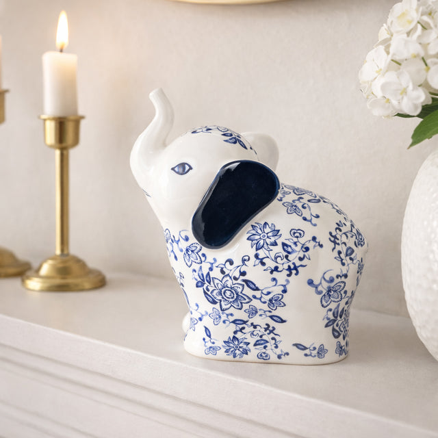 Edgarwell Blue/White Trunk Up Chinoiserie Elephant