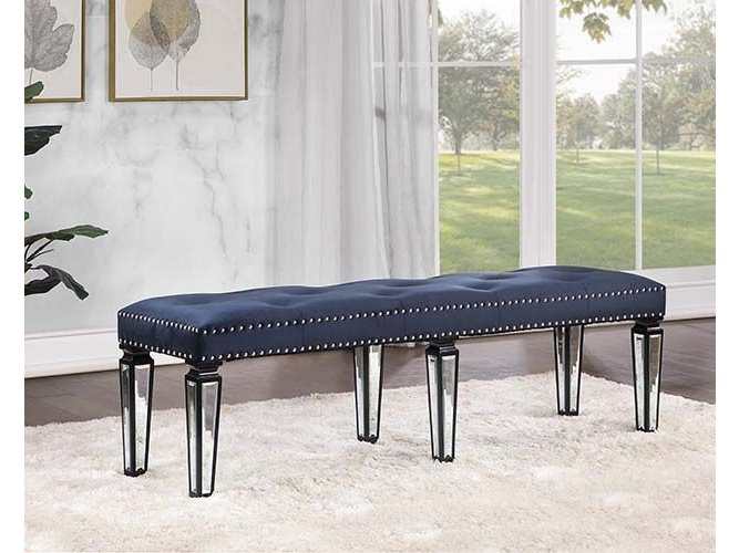 Varian II Dark Navy Velvet & Mirrored Bench - Ornate Home