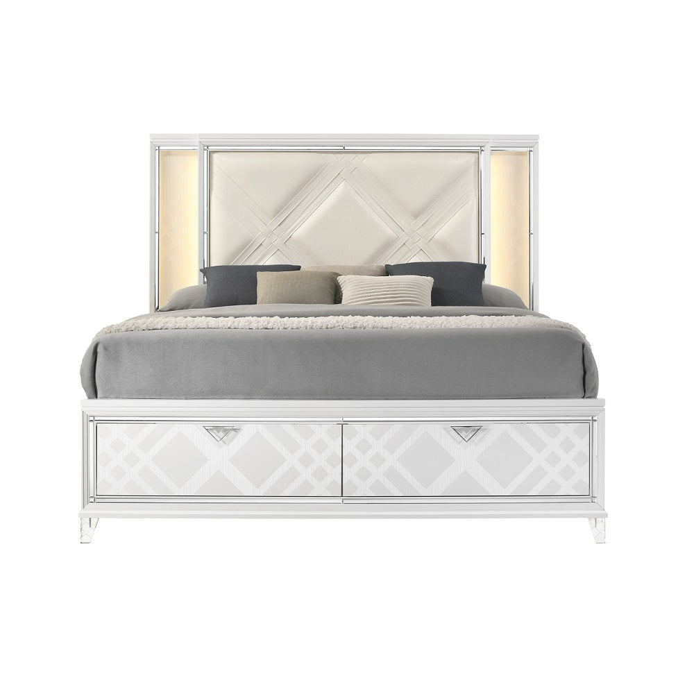 Skylar  & Pearl White Eastern King Bed W/Led Storage - Ornate Home