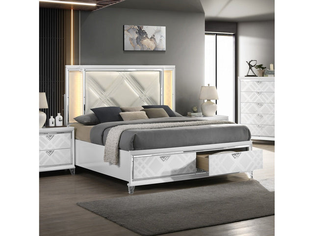 Skylar  & Pearl White Eastern King Bed W/Led Storage - Ornate Home