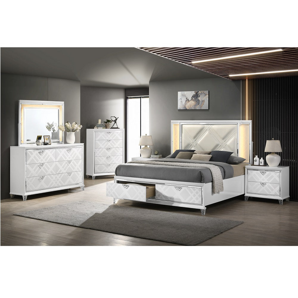 Skylar  & Pearl White Eastern King Bed W/Led Storage - Ornate Home