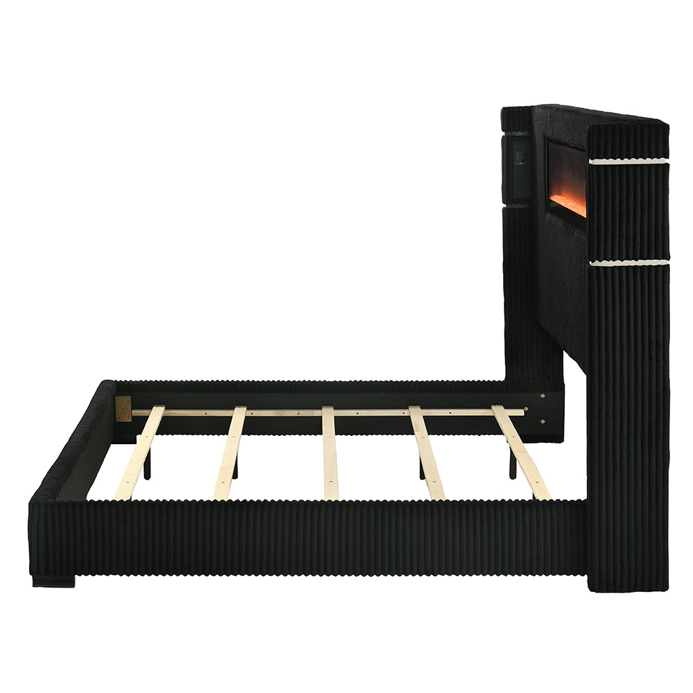 Garner Black/Gray EK Bed w/Fireplace, LED, Reading Light, Speaker, Bluetooth, USB