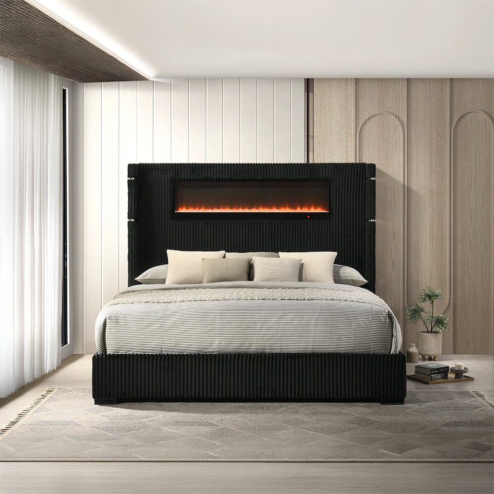 Garner Black/Gray EK Bed w/Fireplace, LED, Reading Light, Speaker, Bluetooth, USB