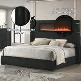 Garner Black/Gray EK Bed w/Fireplace, LED, Reading Light, Speaker, Bluetooth, USB