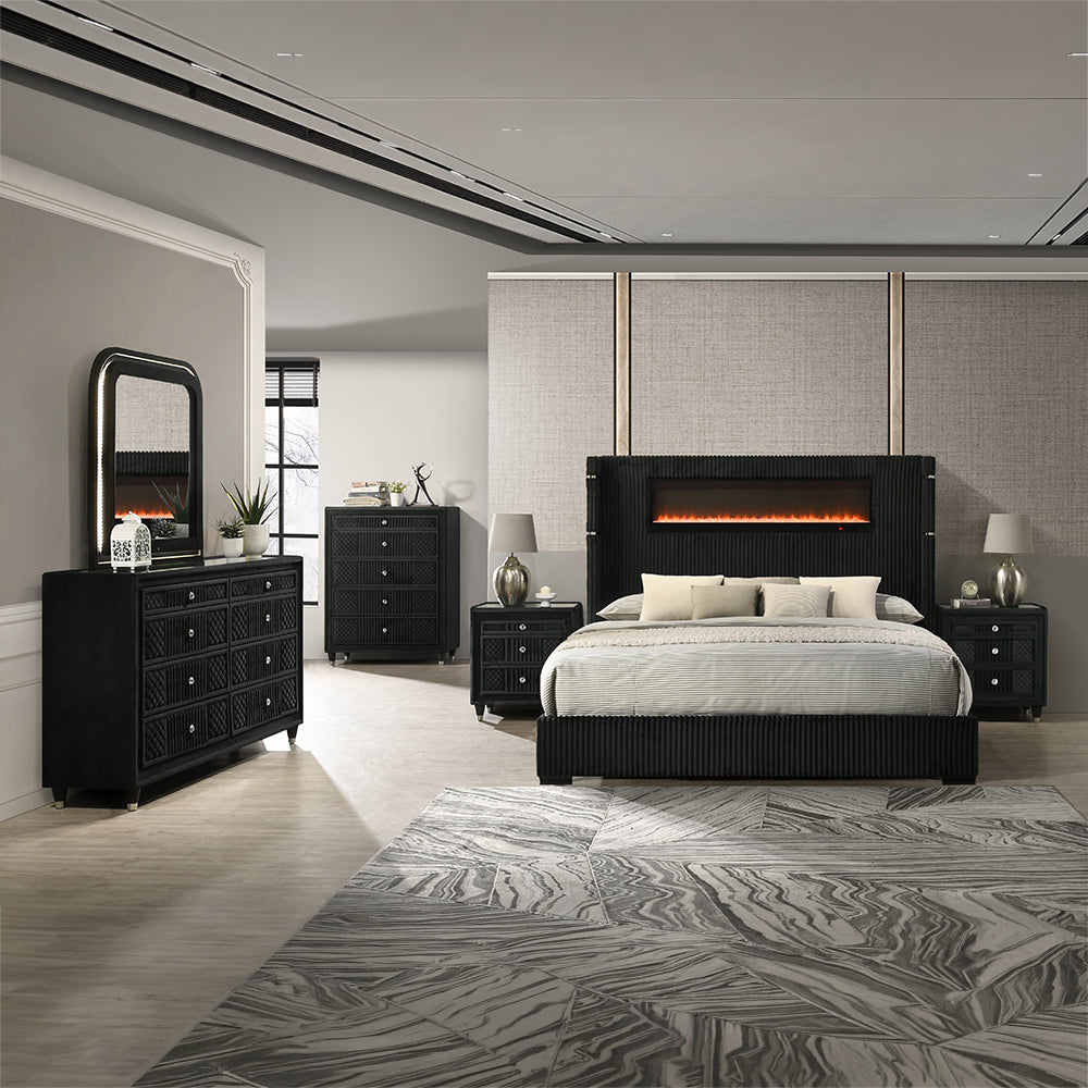Garner Black/Gray EK Bed w/Fireplace, LED, Reading Light, Speaker, Bluetooth, USB