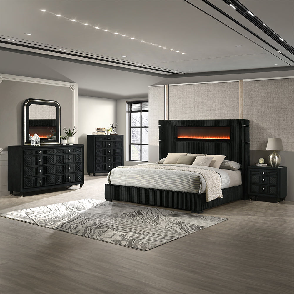 Garner Black/Gray Queen Bed w/Fireplace, LED, Reading Light, Speaker, Bluetooth, USB