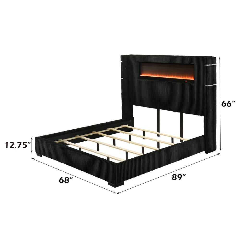 Garner Black/Gray Queen Bed w/Fireplace, LED, Reading Light, Speaker, Bluetooth, USB