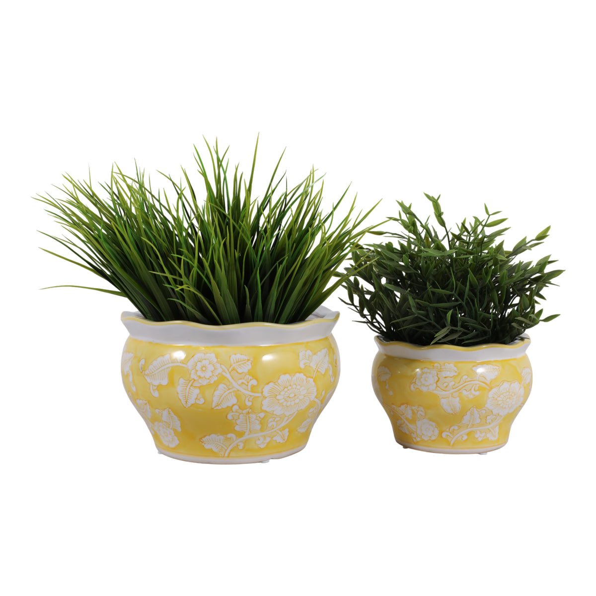 Henleydale Yellow/White Ceramic Round Chinoiserie Planters (Set of 2)