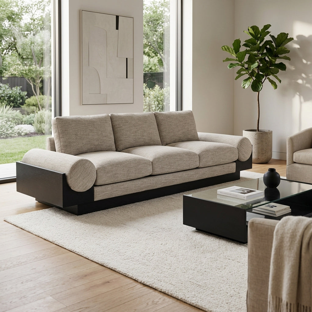 Pierpont Bay Tan/Black 3-Seater Bolster Sofa with Wood Base