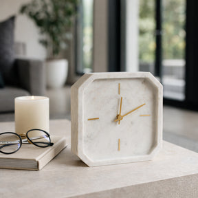 Valestone White/Gold Large Marble Octagon Clock