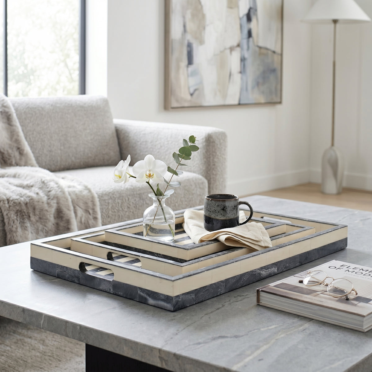 Rivergrove Blue/Gray Resin Stripe Lines Trays (Set of 3)
