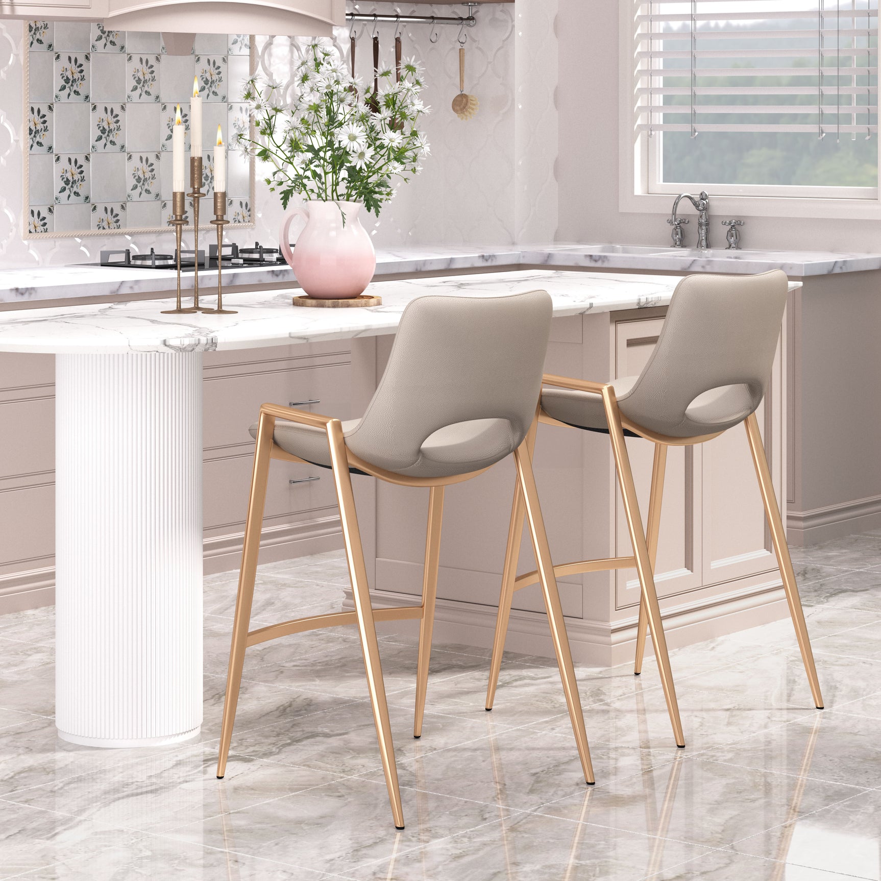 Desi Beige & Gold Counter Stool (Set of 2)