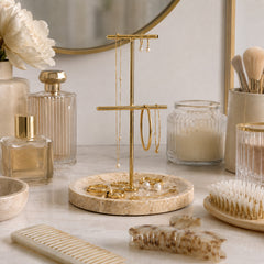 Asti Tan/Gold Jewelry Stand with Travertine Bowl