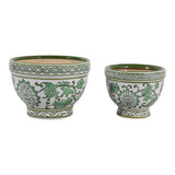 Roybrook Green/White Ceramic Bowl Chinoiserie Planters (Set of 2)