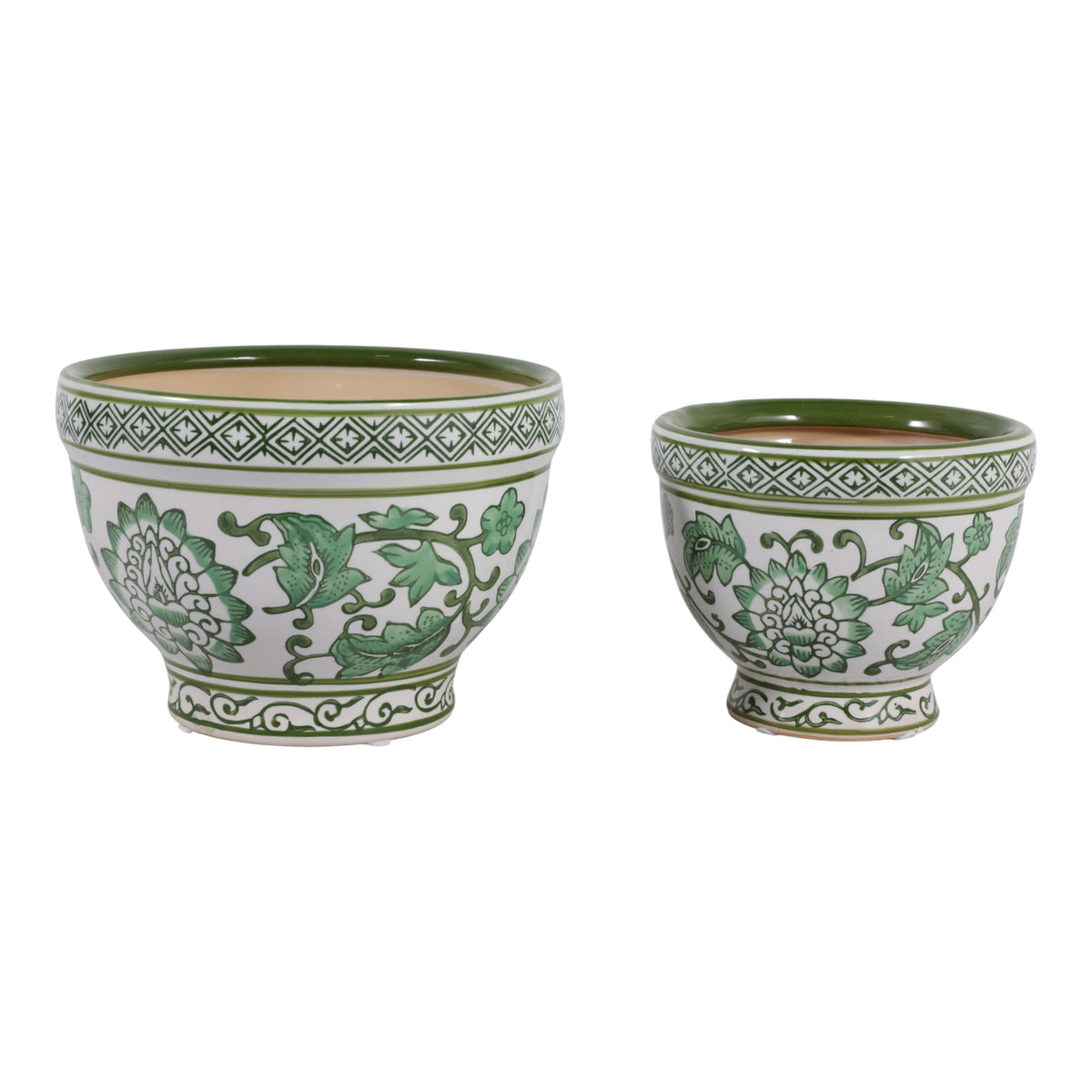 Roybrook Green/White Ceramic Bowl Chinoiserie Planters (Set of 2)