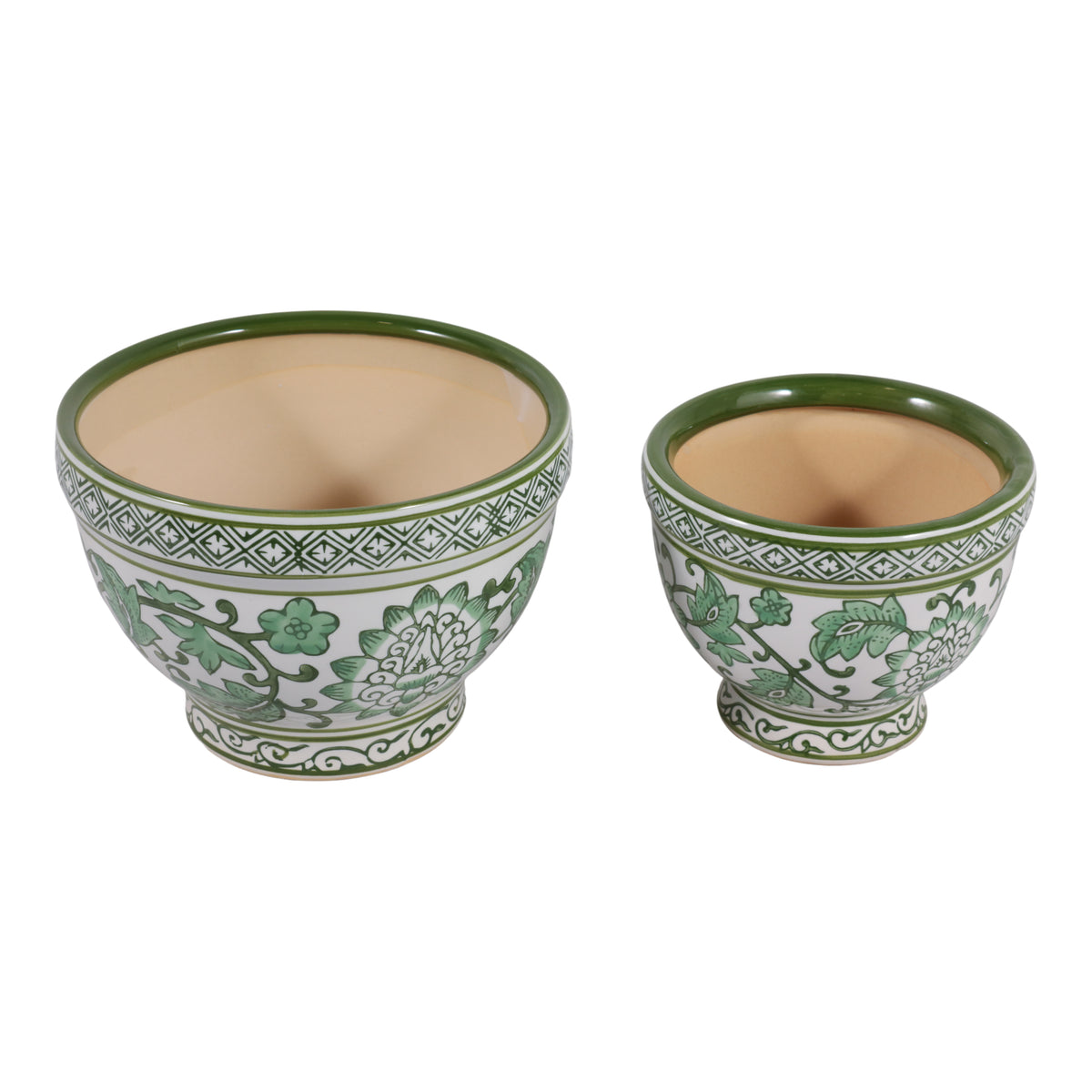 Roybrook Green/White Ceramic Bowl Chinoiserie Planters (Set of 2)