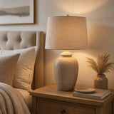 Ahwahnee Light Taupe/Gray Ceramic Table Lamp with Tapered Drum Linen Lampshade