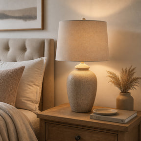 Ahwahnee Light Taupe/Gray Ceramic Table Lamp with Tapered Drum Linen Lampshade