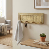 Montague Light Brown Wood and Rattan 4-Hook Wall Storage