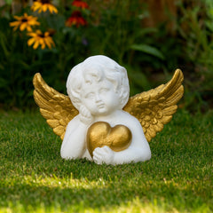 Spoonbill White/Gold Garden Cherub with Heart