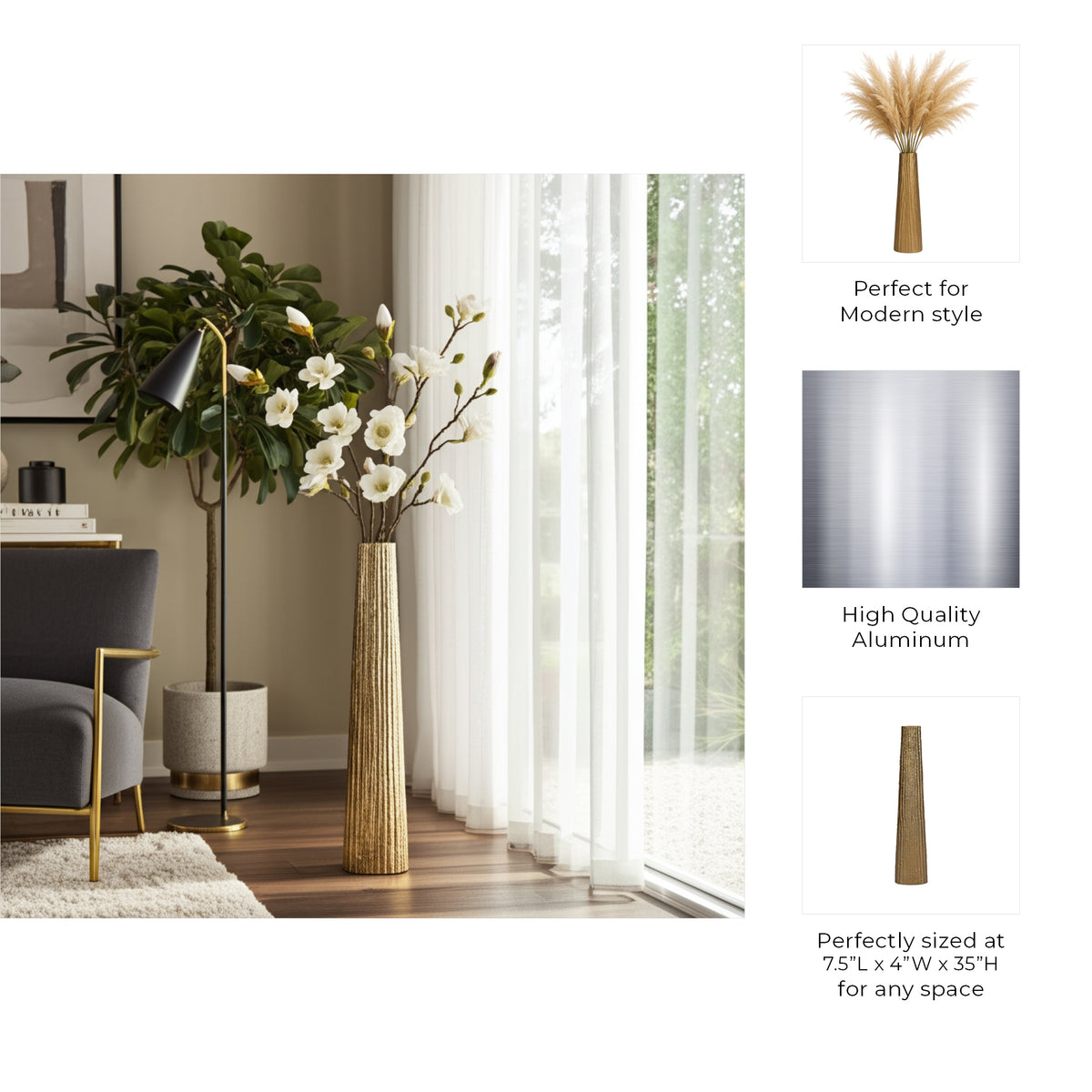 Rendalia Gold Small Metal Ribbed Floor Vase
