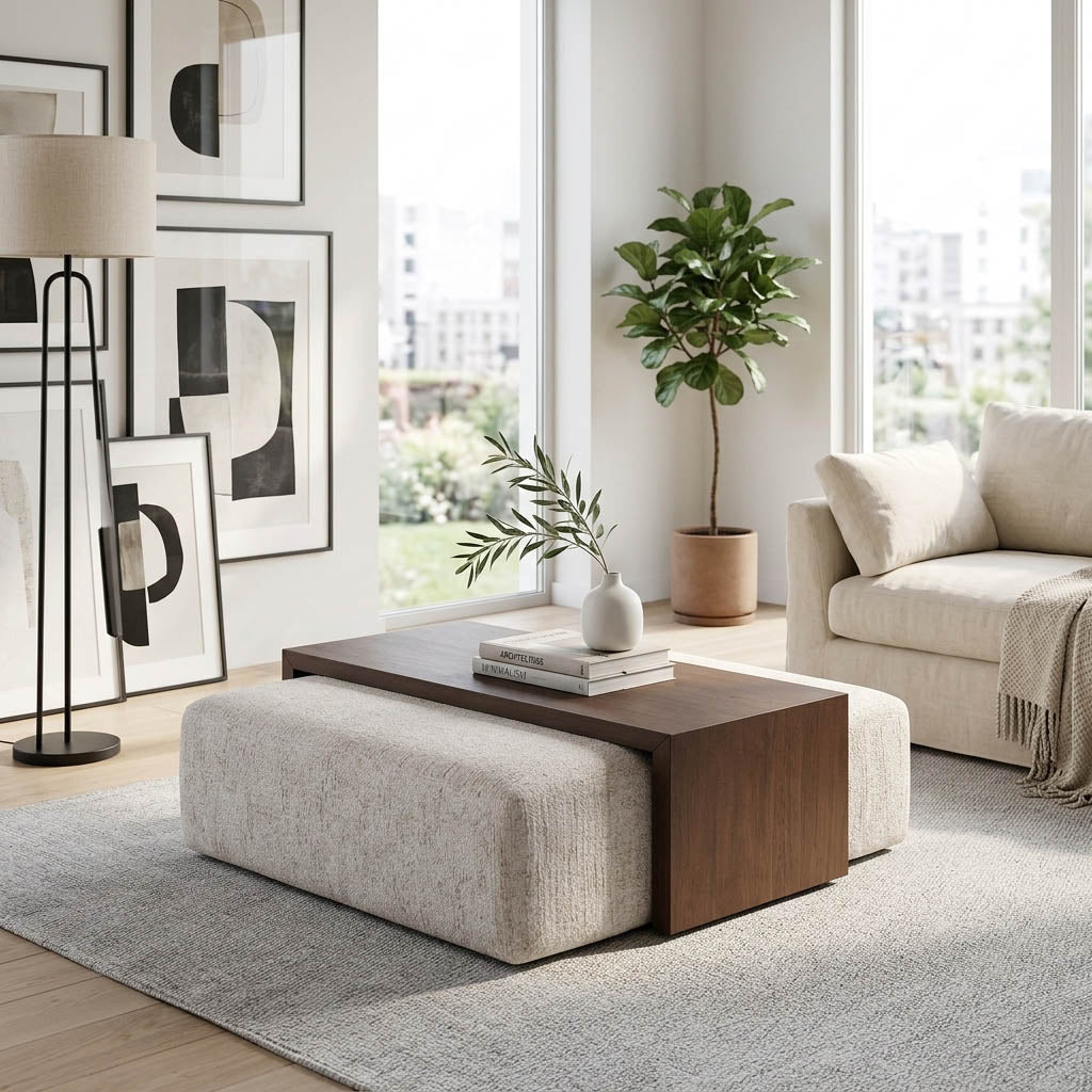 Drydenford Ivory/Brown Square Ottoman with Wood Table
