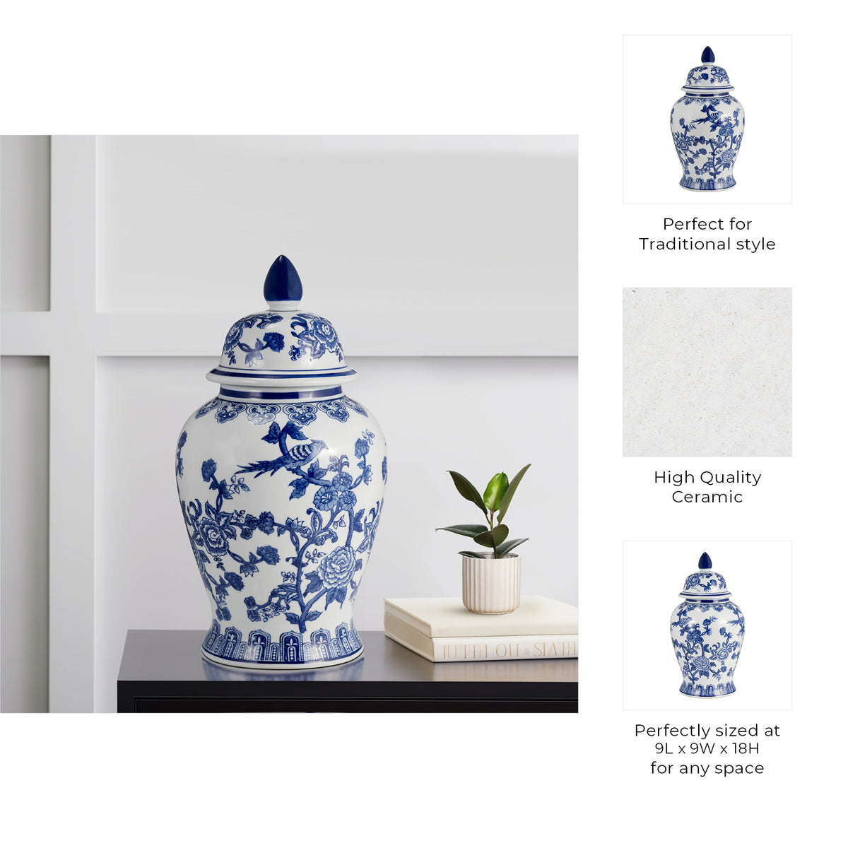 Miamoor Blue Temple Jar with Bird and Flower Design