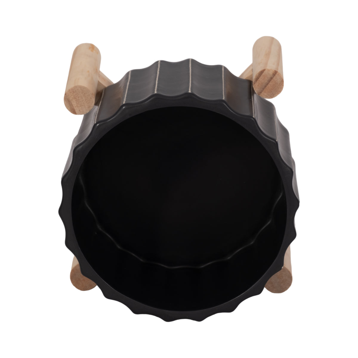 Doyle Black Ceramic Fluted Planter with Wood Stand