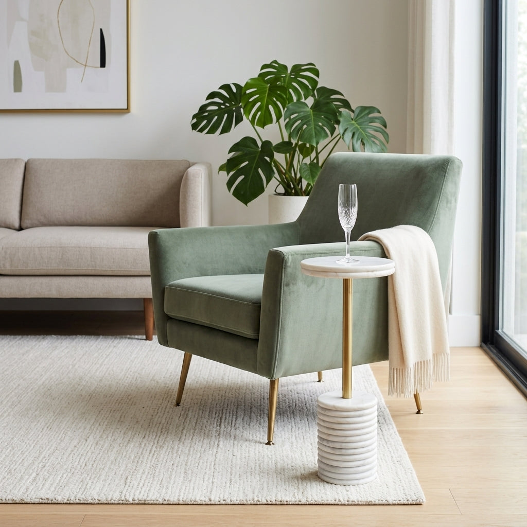 Geyserville White/Gold Ribbed Drink Table with Marble Base