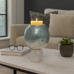 Presswood Aqua/White Large Glass Bowl Pillar Holder with Marble Base