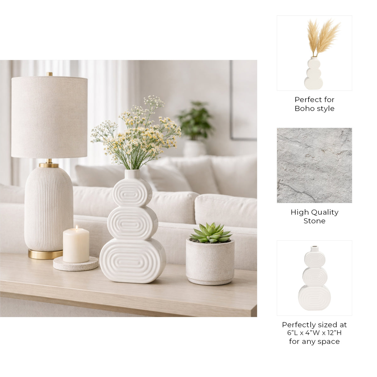Saxon White Large Ceramic Stacked Circles Vase