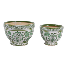 Roybrook Green/White Ceramic Bowl Chinoiserie Planters (Set of 2)